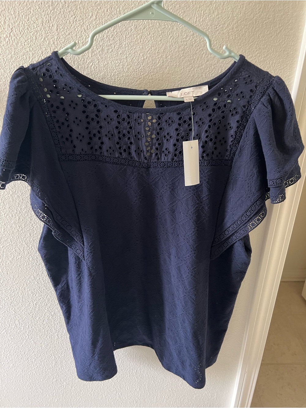 LOFT Navy Eyelet Flutter Sleeve Blouse